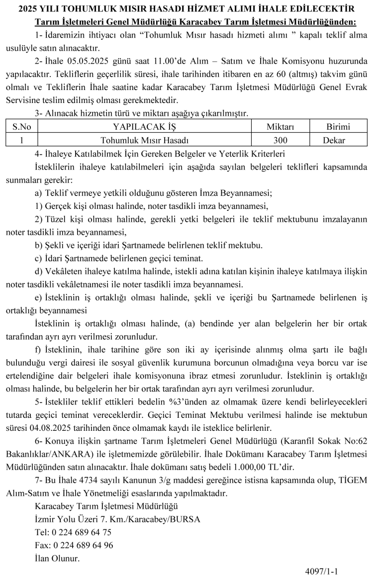 Karacabey TİGEM’den mısır hasadı ihalesi