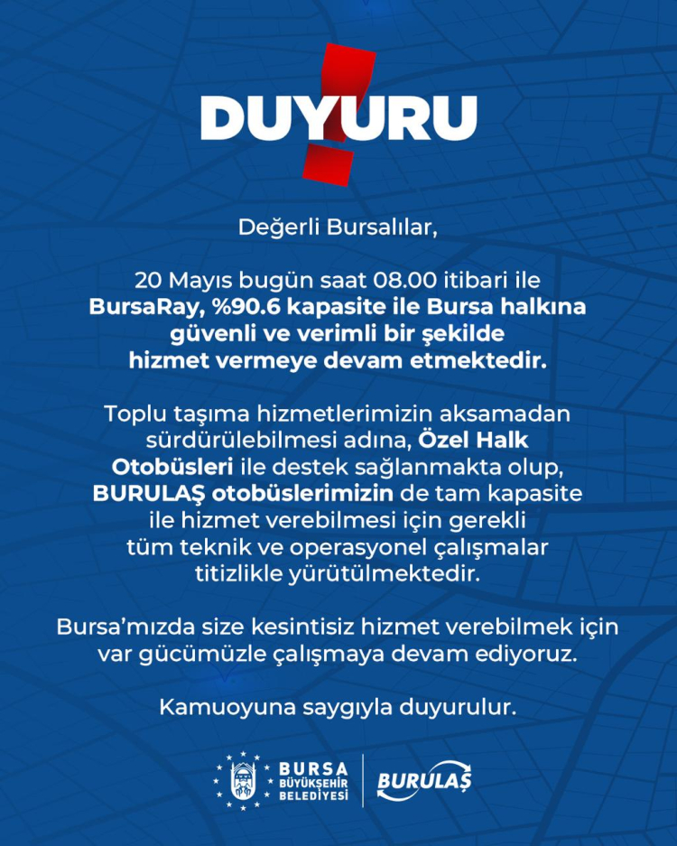 BursaRay yüzde 90,6 kapasite ile hizmette!