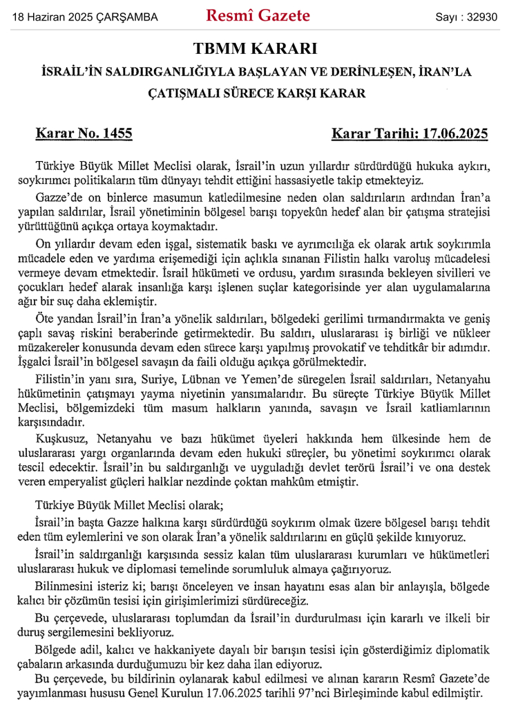 TBMM’den İsrail’in İran ve Gazze saldırılarına kınama
