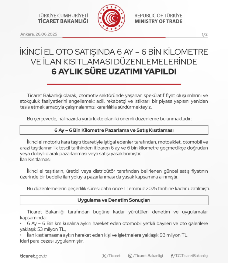 2. el araç satışında 6 ay-6 bin kilometre ve ilan kısıtlaması uzatıldı