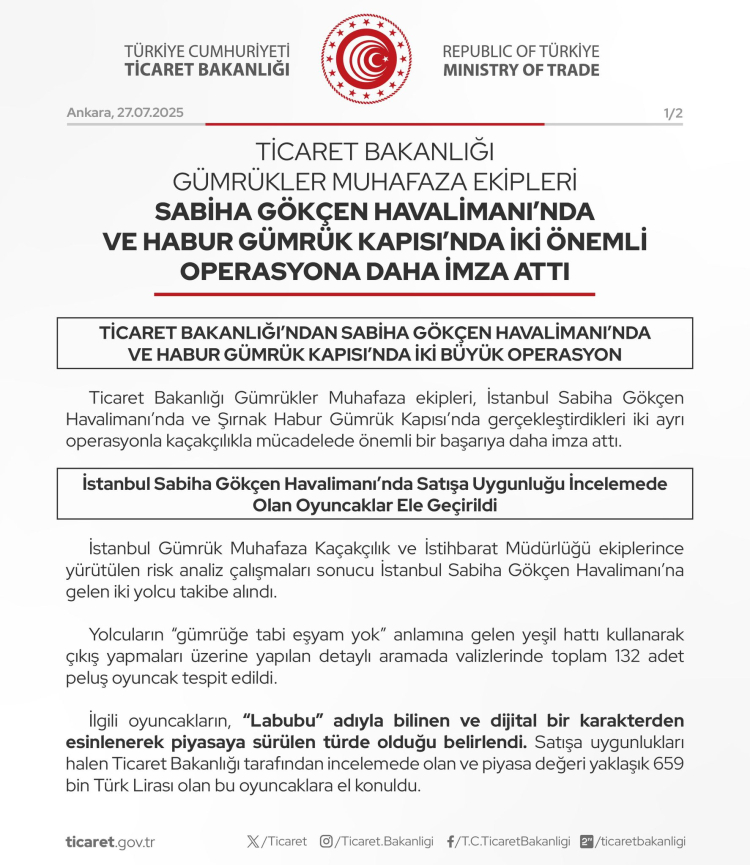 Gümrük’ten 122,8 milyon liralık kaçakçılık operasyonu… Labubu oyuncaklara el konuldu