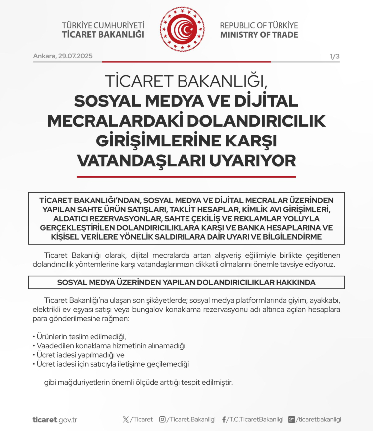 Ticaret Bakanlığı ‘sosyal medya dolandırıcılığı’na karşı uyardı