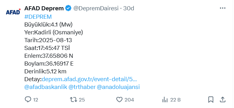 Osmaniye’de 4,1 büyüklüğünde deprem!