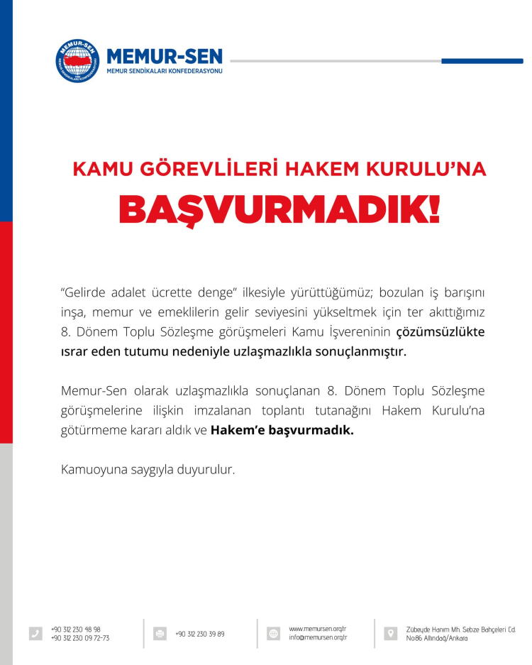 Memur zammında Hakem Kurulu devrede… Memur-Sen başvurmadı!