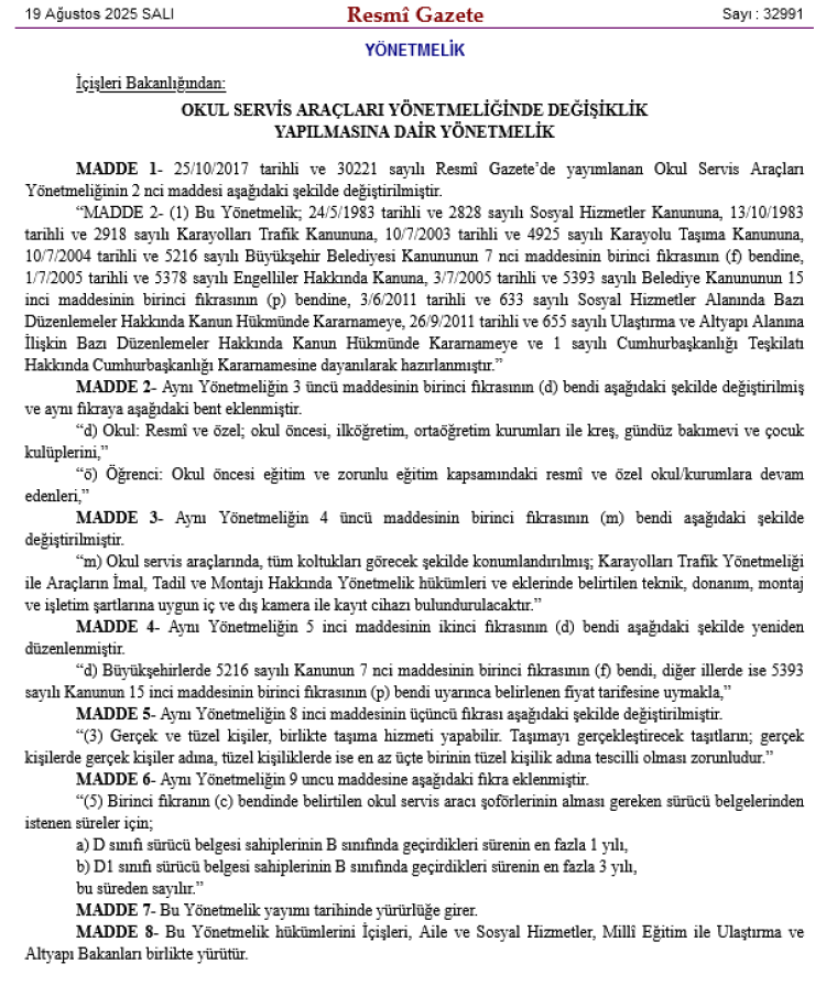 Okul Servis Araçları Yönetmeliği’nde önemli değişiklikler