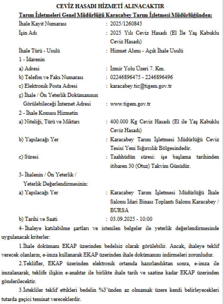 Karacabey TİGEM’den 400 bin kg ceviz hasadı ihalesi