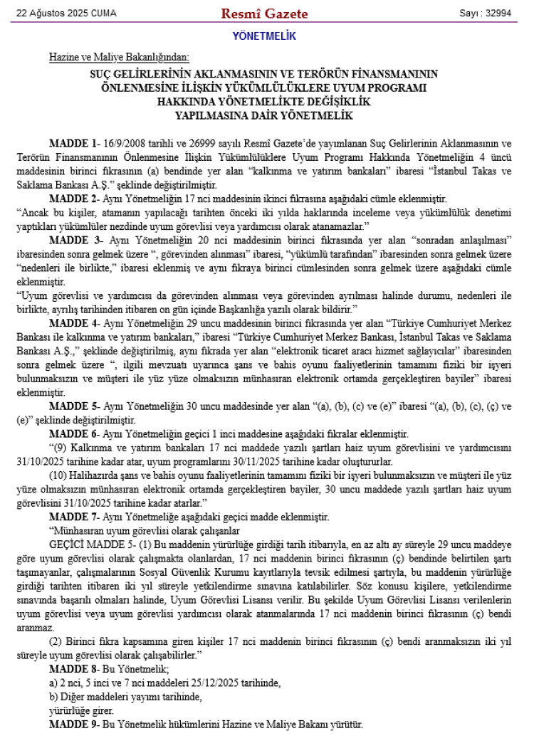 Finansal suçlarla mücadelede yeni adım… Yönetmelikte değişiklik ‘Resmi’leşti