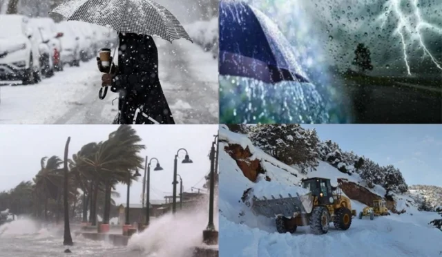 Türkiye genelinde kuvvetli kış koşulları, fırtına ve çığ tehlikesini gösteren uyarı görseli.