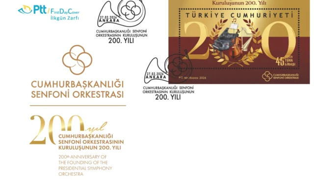 PTT tarafından Cumhurbaşkanlığı Senfoni Orkestrası'nın 200. yılı anısına çıkarılan anma pulu ve ilkgün zarfı