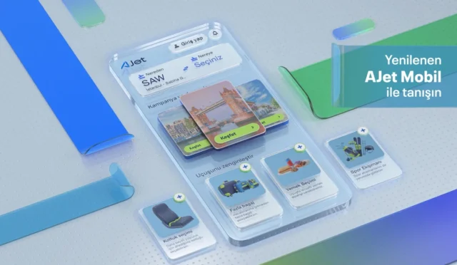 AJet mobil uygulamasının yenilenen arayüzünü gösteren görsel
