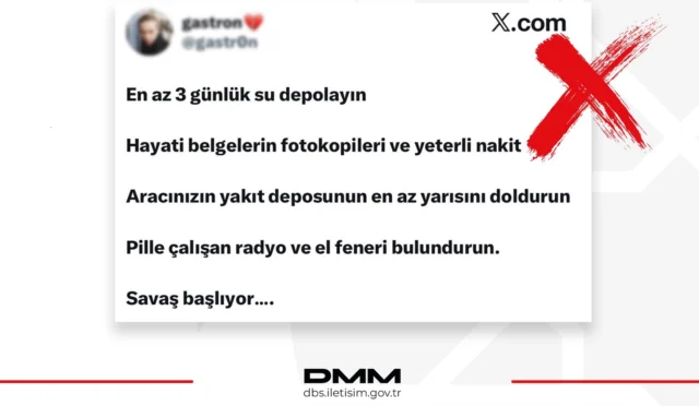 Dezenformasyonla Mücadele Merkezi (DMM) logosu ve 'Savaş Başlayacak' iddialarına yalanlama yazısı