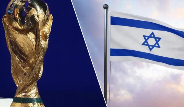 FIFA logosu ve Filistin ve İsrail bayraklarını temsil eden görsellerle desteklenmiş haber başlığı