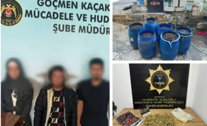 Hatay'da suç örgütüne yönelik operasyonda yakalanan şüpheliler ve ele geçirilen malzemeler