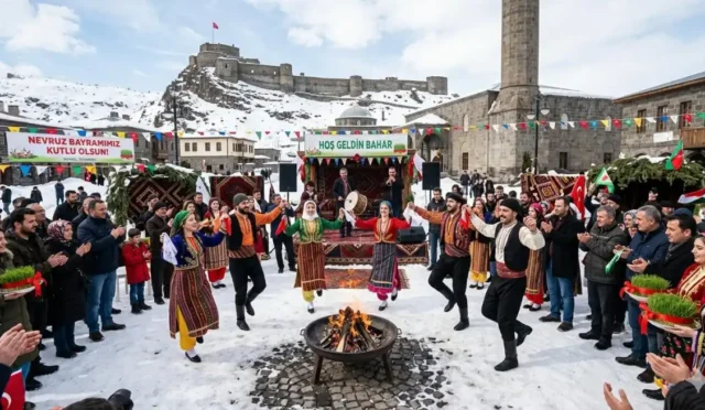 Kars'ta Nevruz Bayramı kutlaması kapsamında Vali Ziya Polat'ın halka birlik ve beraberlik çağrısı yaptığı görsel.
