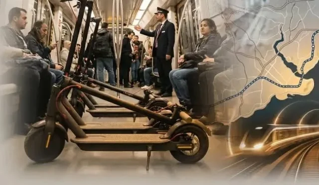 Marmaray treninde e-skuter taşıyan yolcuları gösteren bir görsel