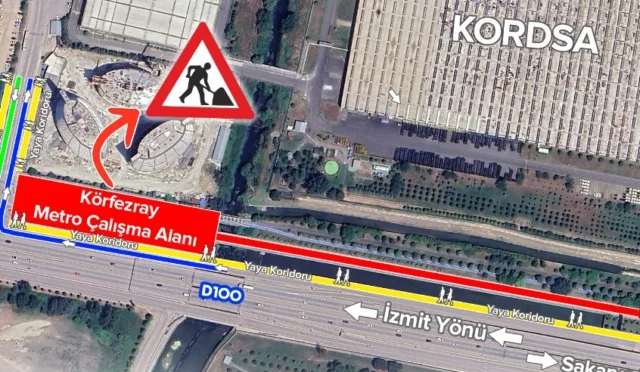 Kocaeli Körfezray Metro Projesi kapsamında Yahyakaptan Mahallesi'nde yapılan trafik düzenlemesini gösteren görsel.