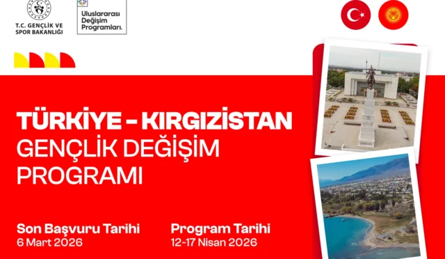 Türkiye ve Kırgızistan bayrakları ve gençlerin birlikte olduğu sembolik görsel