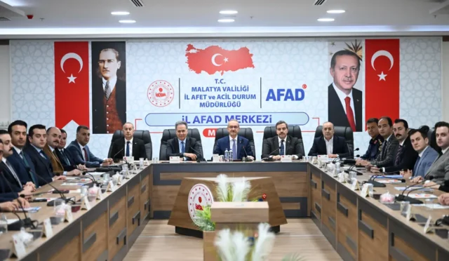 Malatya'da afet risklerini azaltma ve dirençli şehir oluşturma çalışmaları kapsamında Vali Seddar Yavuz başkanlığında yapılan toplantıdan genel görünüm.