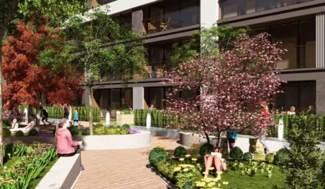 Mega Prime projesinin modern mimariye sahip dış cephesi ve yeşil alanları