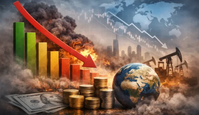 IMF logosu ve küresel ekonomi grafiği, savaşın ekonomik etkilerini simgeliyor