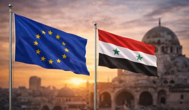 Avrupa Birliği ve Suriye bayrakları, işbirliğini simgeleyen bir görsel.