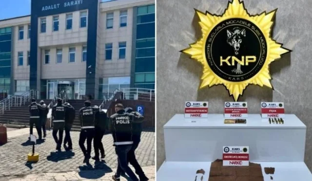 Kars'ta narkotik operasyonu kapsamında ele geçirilen uyuşturucu maddeler ve tutuklanan şüpheliler