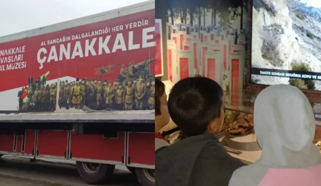Nallıhan'da kurulan mobil müzede öğrenciler Çanakkale Savaşları'na ait objeleri inceliyor