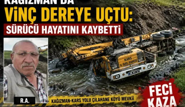 Kars Kağızman'da dereye yuvarlanan vinç ve kaza alanı