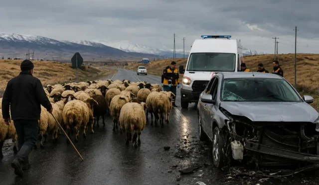 Kars'ta koyun sürüsüne takiben meydana gelen trafik kazası sonucu hasar gören araçlar ve yaralılar