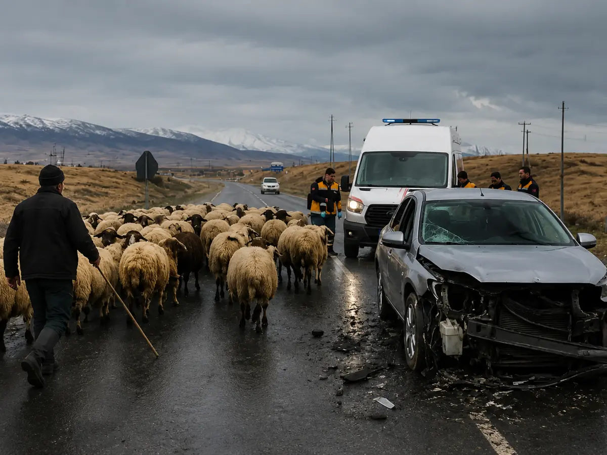 Kars’ta Yola Çıkan Koyun Sürüsü Trafiği Felç Etti: Otomobile Arkadan Çarpan Kamyonet Kazaya Sebep Oldu, 3 Yaralı
