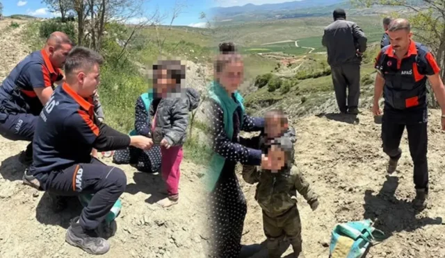 Çorum'da kaybolan ve çamura saplanmış halde bulunan iki çocuğun ekiplerce kurtarılmasının ardından çekilmiş bir fotoğrafı