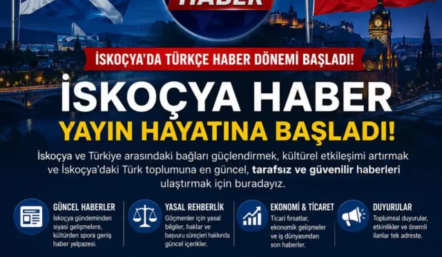 İskoçya'da Türkçe yayın yapan ilk haber portalı İskoçya Haber'in logosu ve yayın hayatına başladığına dair görsel.