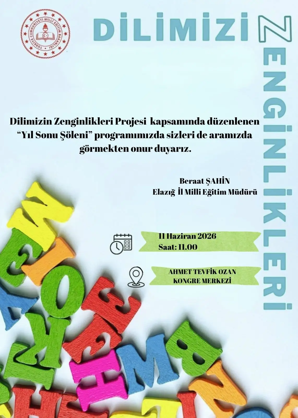 Elazığ’da Dilimizin Zenginlikleri Projesi Kapsamında Yıl Sonu Şöleni Düzenleniyor