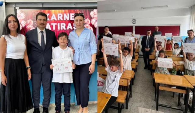 Nallıhan'da öğrenciler karne alırken ve yaz tatiline başlarken çekilmiş sevinçli bir fotoğraf