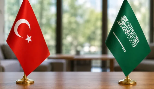 Türkiye ve Suudi Arabistan bayrakları ve üzerinde ticaret sembolleri olan bir görsel.