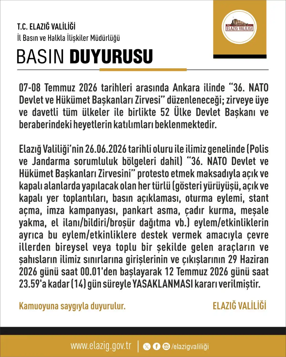 Elazığ’da NATO Zirvesi Güvenliği: 14 Günlük Eylem ve Etkinlik Yasağı Başladı