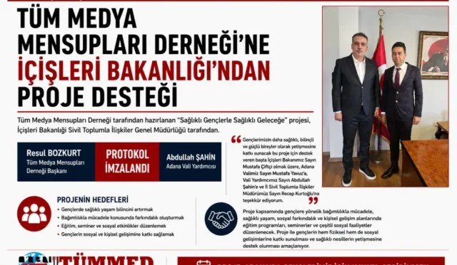 Tüm Medya Mensupları Derneği Başkanı Resul Bozkurt ve Adana Vali Yardımcısı Abdullah Şahin proje protokolünü imzalarken