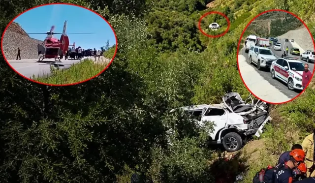 Manavgat'ta uçuruma yuvarlanan otomobilin kaza yeri ve kurtarma çalışmaları